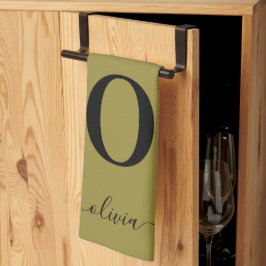 モノグラムスクリプト名パーソナライズされた金ゴールドと黒 キッチンタオル