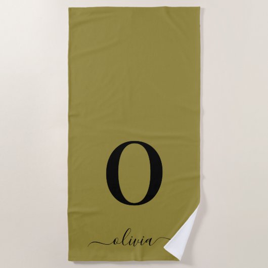 モノグラムスクリプト名パーソナライズされた金ゴールドと黒 ビーチタオル (正面)