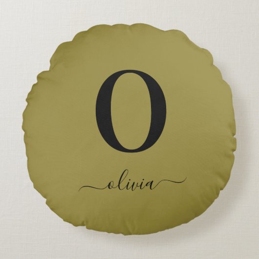 モノグラムスクリプト名パーソナライズされた金ゴールドと黒 ラウンドクッション (正面)