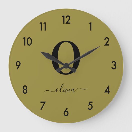 モノグラムスクリプト名パーソナライズされた金ゴールドと黒 ラージ壁時計 (正面)