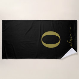 モノグラムスクリプト名パーソナライズされた黒と金ゴールド ビーチタオル