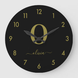 モノグラムスクリプト名パーソナライズされた黒と金ゴールド ラージ壁時計