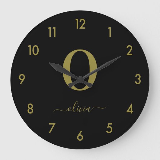 モノグラムスクリプト名パーソナライズされた黒と金ゴールド ラージ壁時計 (正面)