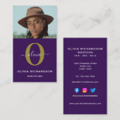 モノグラムスクリプト名パープルホワイト金ゴールド垂直 名刺 (正面/裏面)