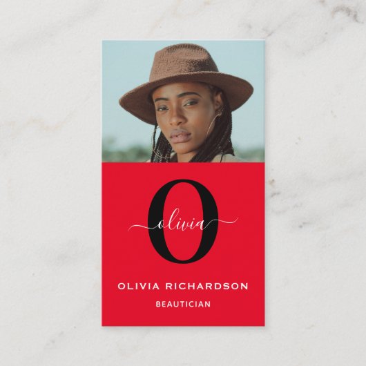 モノグラムスクリプト名レッド白黒ジョブ垂直 名刺 (正面)