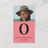 モノグラムスクリプト名白黒ピンクジョブ垂直 名刺 (正面)