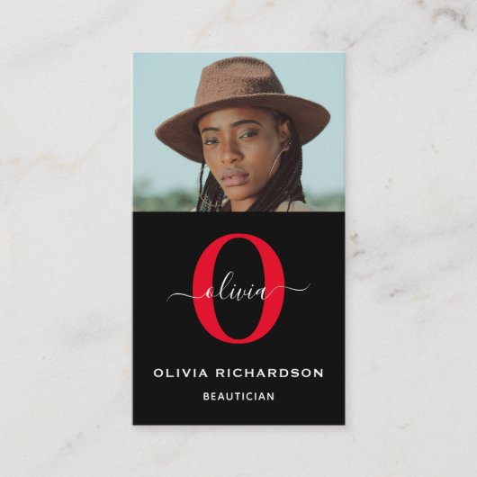 モノグラムスクリプト名白黒赤いジョブ垂直 名刺 (正面)