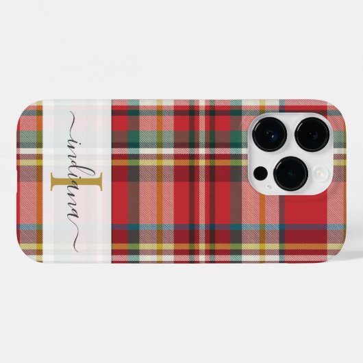 モノグラムスクリプト名Plaid赤パター素朴ン Case-Mate iPhoneケース (裏面 (横))