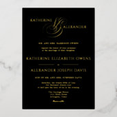 モノグラムスクリプト金ゴールド結婚ブラックのフォイル招待状 箔招待状 (正面)