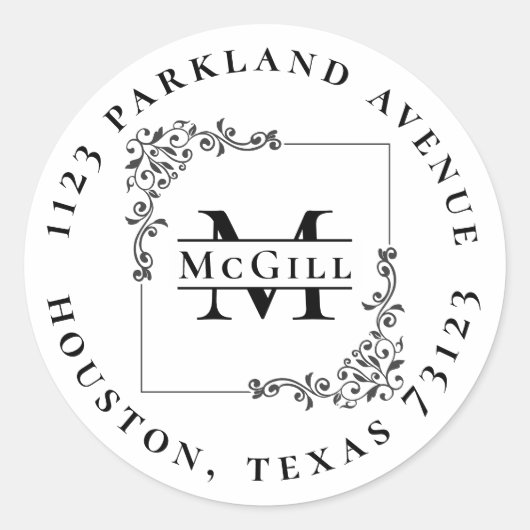 モノグラムスタイリッシュとラストネームのラウンド差出人住所 ラウンドシール (正面)