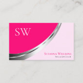 モノグラムスタイリッシュと写真とピンクのシルバーデコール 名刺 (正面)