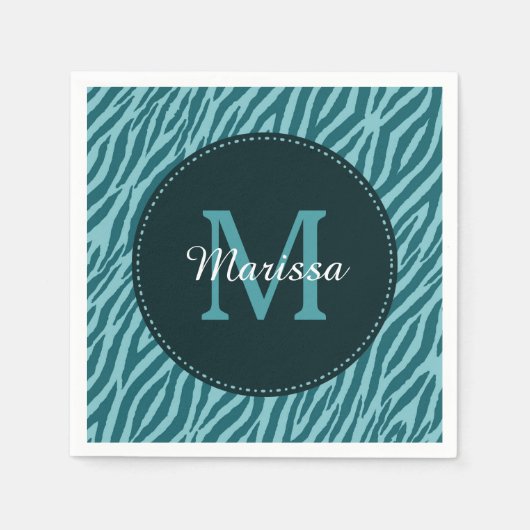 モノグラムスタイリッシュと名前のティール（緑がかった色）ゼブラ印刷 スタンダードカクテルナプキン (正面)