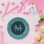 モノグラムスタイリッシュと名前のティール（緑がかった色）ゼブラ印刷 ペーパープレート (パーティー)