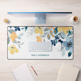 モノグラムスタイリッシュイエロー&ブルーウォーター色フローラ デスクマット