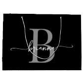 モノグラムスタイリッシュイニシャルスクリプモダントブラックグレー ラージペーパーバッグ (裏面)