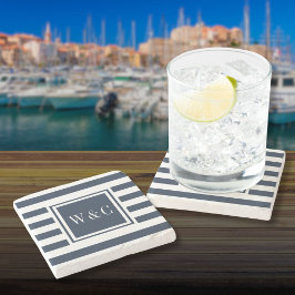 モノグラムスタイリッシュイニシャルネイビーブルーホワイトストライプ ストーンコースター