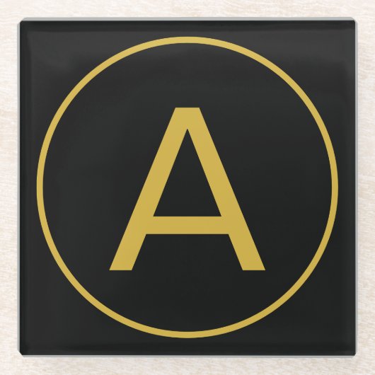 モノグラムスタイリッシュイニシャルレター金ゴールドカラーブラック ガラスコースター (正面)