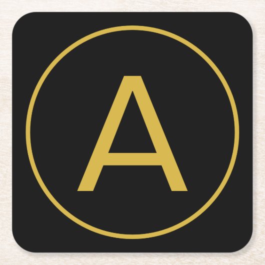 モノグラムスタイリッシュイニシャルレター金ゴールドカラーブラック スクエアペーパーコースター (正面)