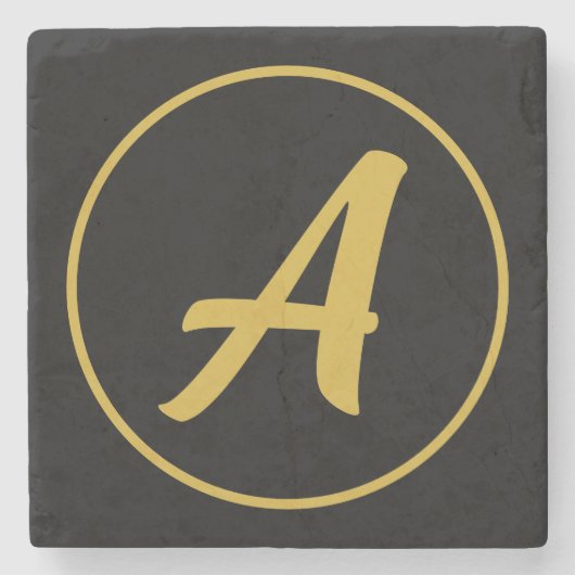 モノグラムスタイリッシュイニシャルレター金ゴールドカラーブラック ストーンコースター (正面)