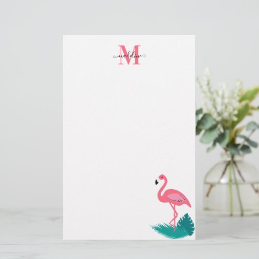 モノグラムスタイリッシュトロピカル葉ホットピンクフラミンゴ 便箋 (スタンド正面)