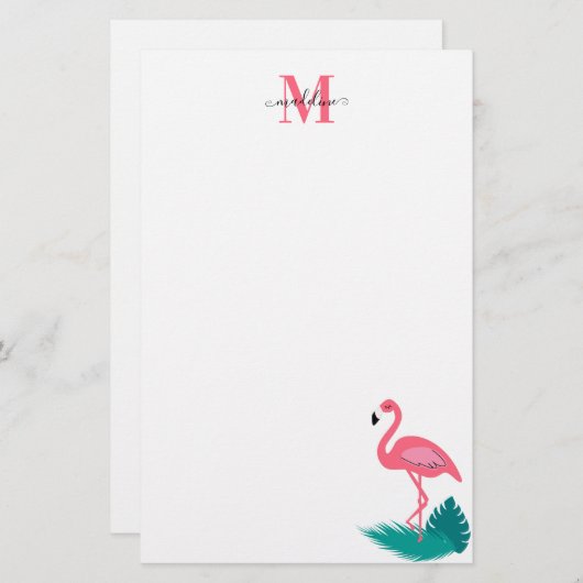 モノグラムスタイリッシュトロピカル葉ホットピンクフラミンゴ 便箋 (正面/裏面)