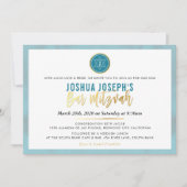 モノグラムスタイリッシュバー(ユダヤ教の)バル・ミツバーティール(緑がかった色)ブルー金ゴールドスク 招待状 (正面)