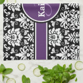 モノグラムスタイリッシュパープル白黒ダマスク キッチンタオル (折り畳み)