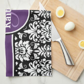 モノグラムスタイリッシュパープル白黒ダマスク キッチンタオル (四つ折り)