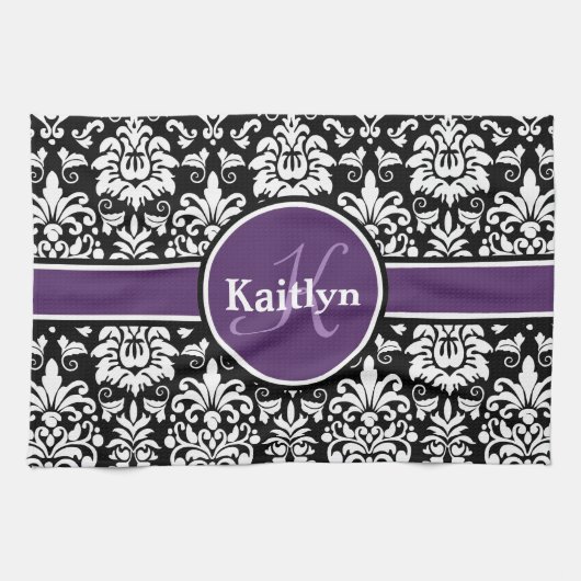 モノグラムスタイリッシュパープル白黒ダマスク キッチンタオル (横)