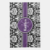 モノグラムスタイリッシュパープル白黒ダマスク キッチンタオル (縦)