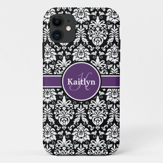 モノグラムスタイリッシュパープル白黒ダマスク Case-Mate iPhoneケース (裏面)