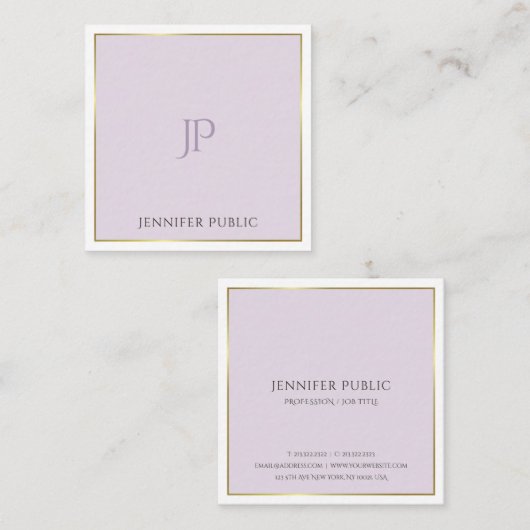 モノグラムスタイリッシュモダン金ゴールドパープルトレンディープレーン スクエア名刺 (正面/裏面)