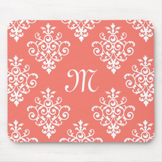 モノグラムスタイリッシュ付きピーチコーラルダマスク模様 マウスパッド (正面)