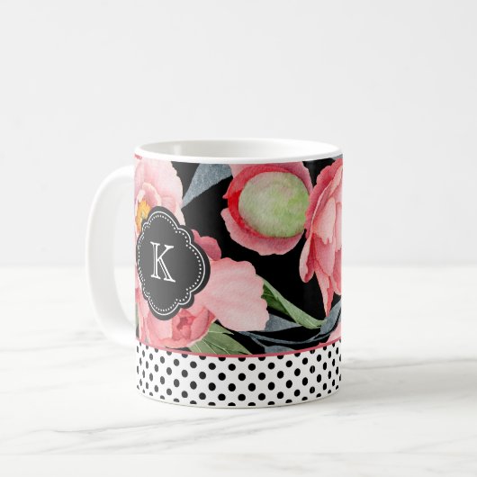 モノグラムスタイリッシュ付き牡丹と水玉模様 コーヒーマグカップ (正面左)