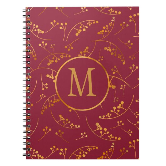 モノグラムスタイリッシュ金ゴールド深い赤面ベリーパターン ノートブック (正面)