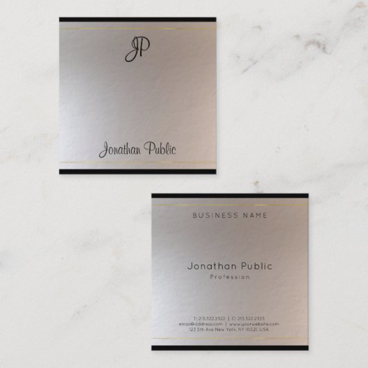 モノグラムスタイリッシュ金ゴールド銀イニシャルテンプレート スクエア名刺 (正面/裏面)