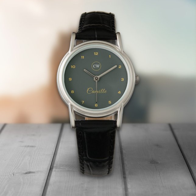 モノグラムスタイリッシュ金ゴールド&フォレストグリーン 腕時計 (Monogram Stylish Gold & Forest Green Watch)