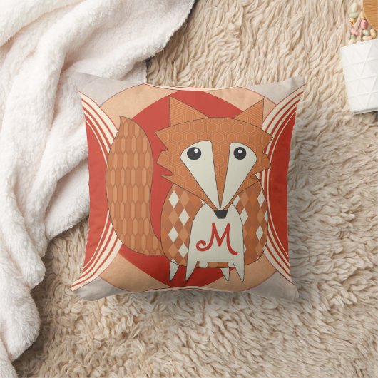 モノグラムスタイルレトロオレンジレッドキツネ枕 クッション (ブランケット)