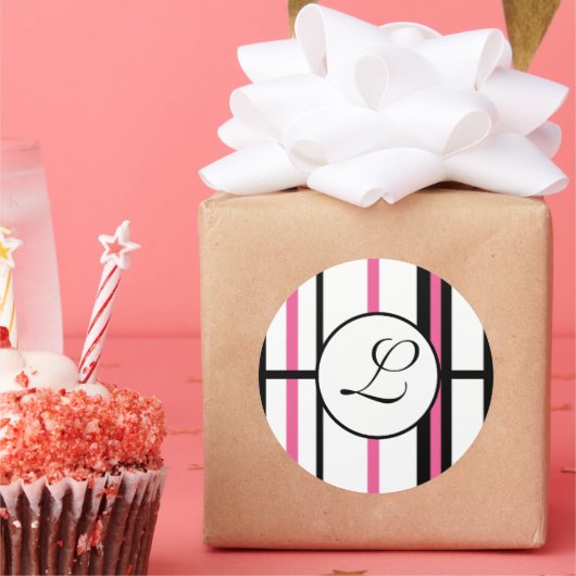 モノグラムストライプステッカーのピンクと白 ラウンドシール (パーティー)