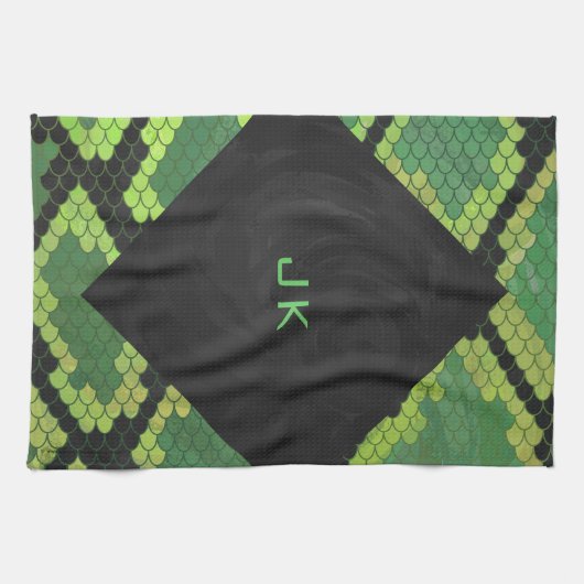 モノグラムスネークグリーンとブラック キッチンタオル (横)
