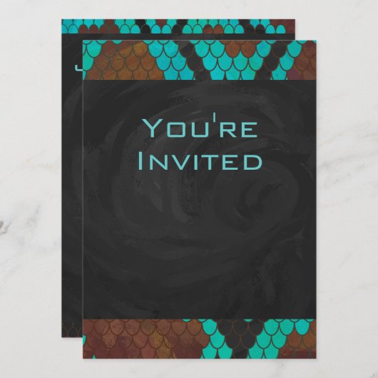 モノグラムスネークブラウンおよびティール(緑がかった色)プリント 招待状 (正面/裏面)