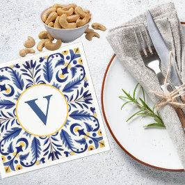 モノグラムスペインのブルーフラワーイエローレモン スタンダードカクテルナプキン