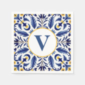 モノグラムスペインのブルーフラワーイエローレモン スタンダードカクテルナプキン (正面)