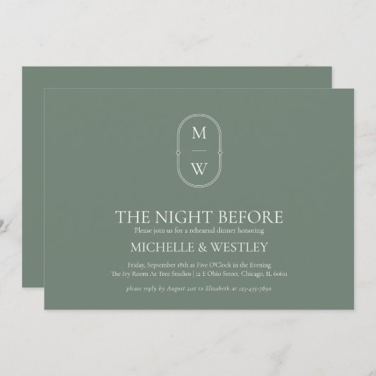 モノグラムセージ結婚グリーンのリハーサルディナー 招待状 (正面/裏面)