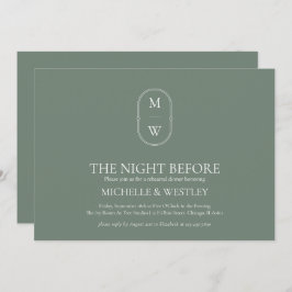モノグラムセージ結婚グリーンのリハーサルディナー 招待状