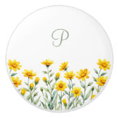 モノグラムセージ緑と黄色の野生の花 セラミックノブ (正面)