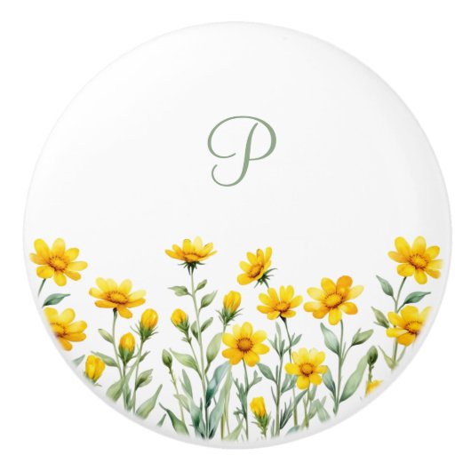 モノグラムセージ緑と黄色の野生の花 セラミックノブ (正面)