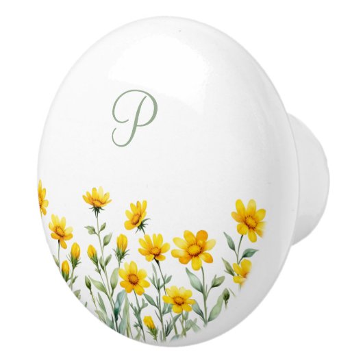 モノグラムセージ緑と黄色の野生の花 セラミックノブ (右)