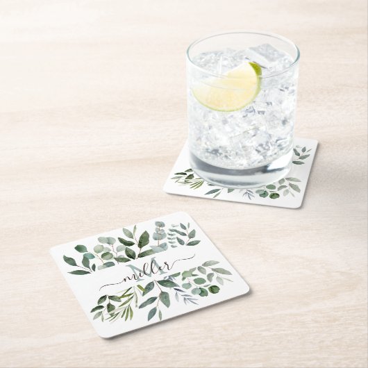 モノグラムセージ緑のユーカリ緑離れの スクエアペーパーコースター (インサイチュ)