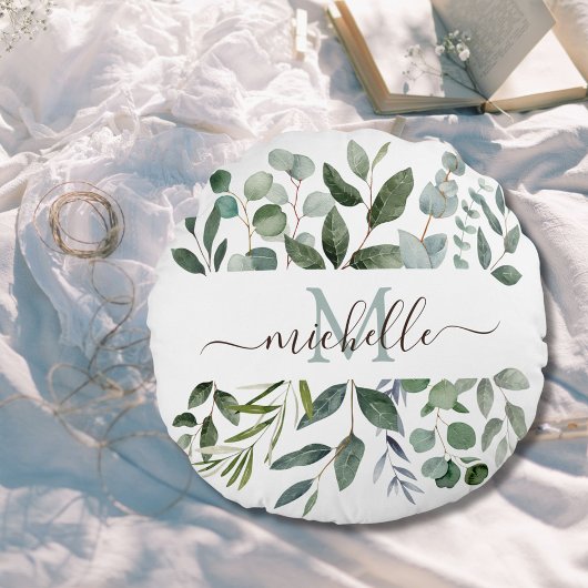 モノグラムセージ緑のユーカリ緑離れの ラウンドクッション